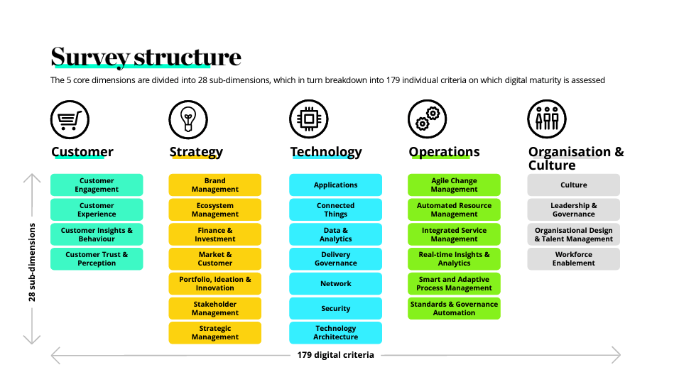 A slide showing 28 topics that matter to digital maturity, sorted across 5 dimensions
