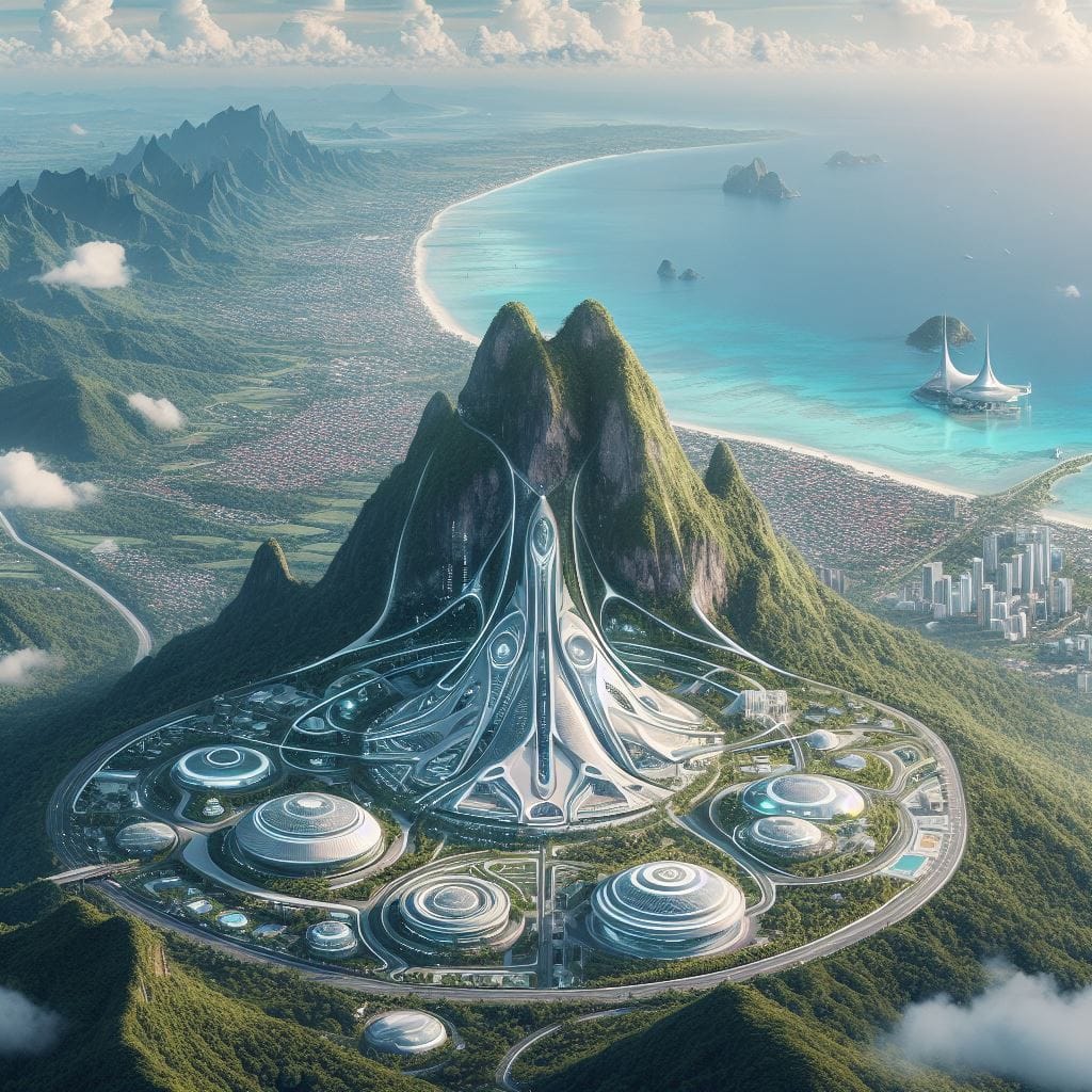 Zoomed-out view of a mountain above a city and tropical bay. Foreground shows futuristic buildings on the mountain.