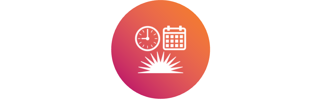 Icon of a clock, calendar, and rising sun, over colorful background