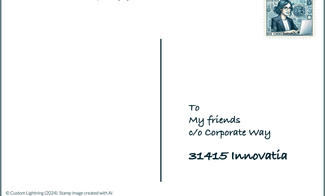 Stylized postcard addressed "to my friends, c/o corporate way, 31415 Innovatia," with a stamp of a woman on a laptop