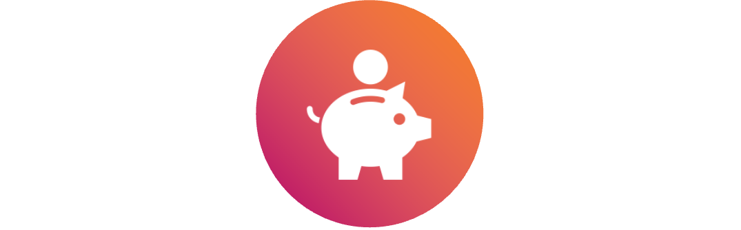 Icon of a piggy bank, in white, over colorful background