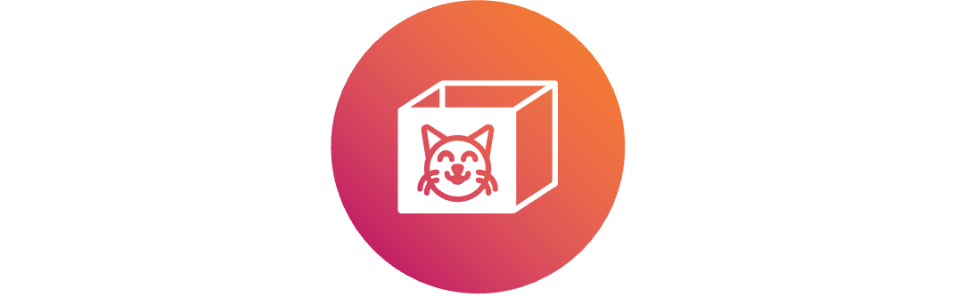 An white icon of a box with a cat face on the front, over a colorful circular background