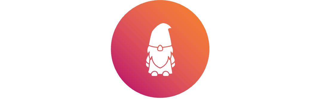 An icon of a gnome, in white over colorful circular background