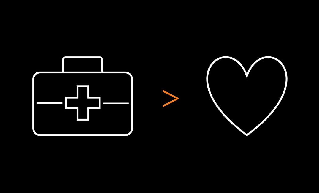 Icons on black background: A white first aid kit at left, an orange "greater than" symbol at center, and a heart at right