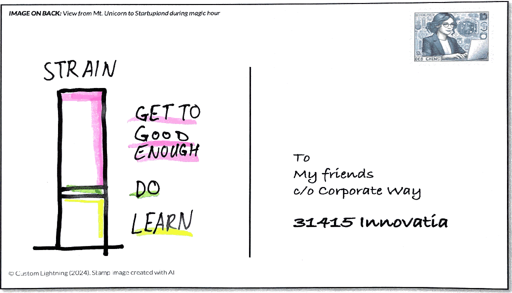 A postcard showing a bar chart labeled "strain", with most strain from "get to good enough," less from "do" and "learn"