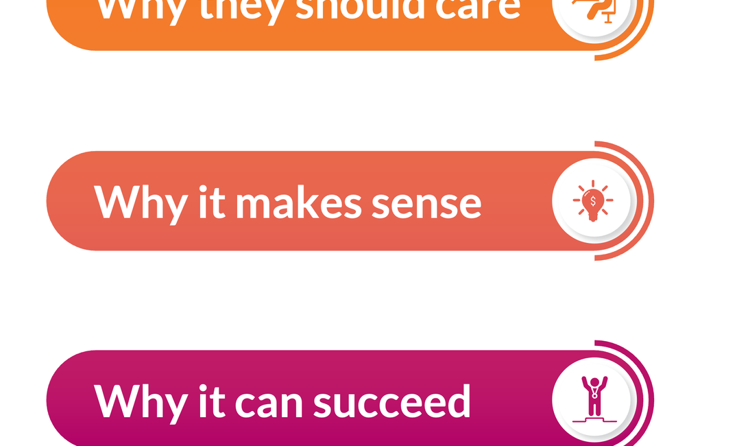 A stylized list over colorful background, incl.: "Why they should care, it makes sense, and it can succeed"