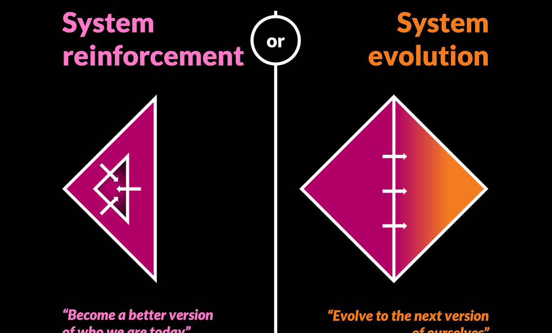 2 angular graphics representing how one can innovate by either reinforcing or evolving human systems