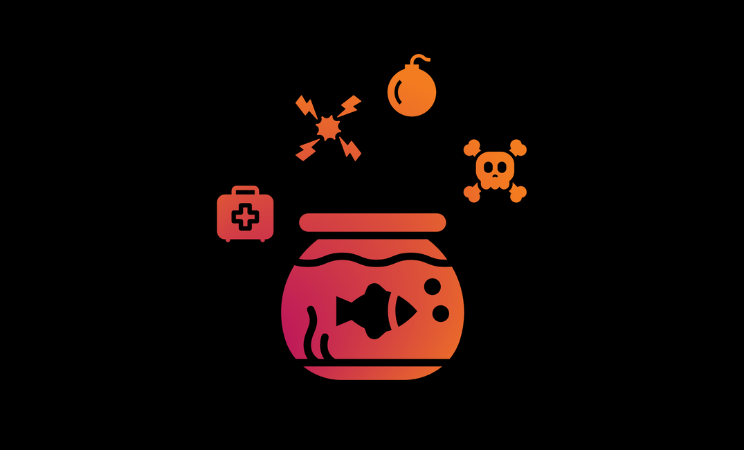 Colorful icon of a fish in a bowl, surrounded by icons of first aid kits, lightning bolts, bombs, and skulls
