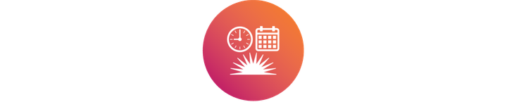 Icon of a clock, calendar, and rising sun, over colorful background