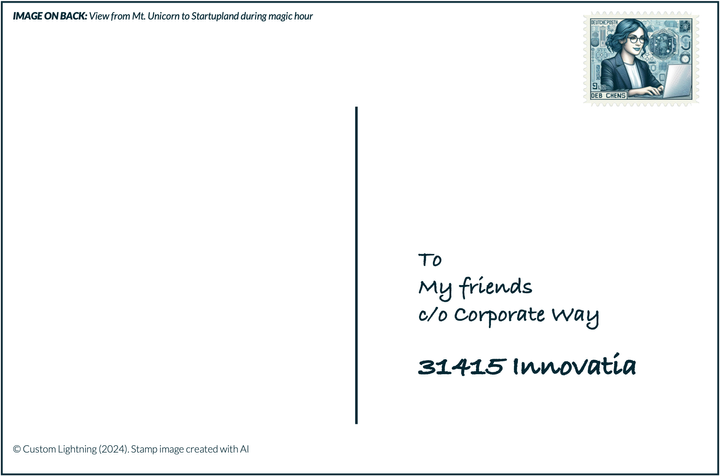 Stylized postcard addressed "to my friends, c/o corporate way, 31415 Innovatia," with a stamp of a woman on a laptop