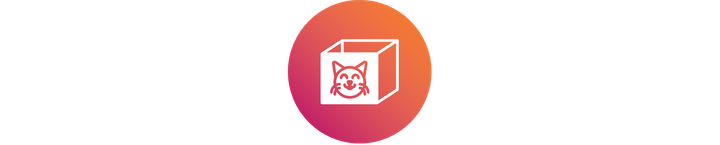 An white icon of a box with a cat face on the front, over a colorful circular background