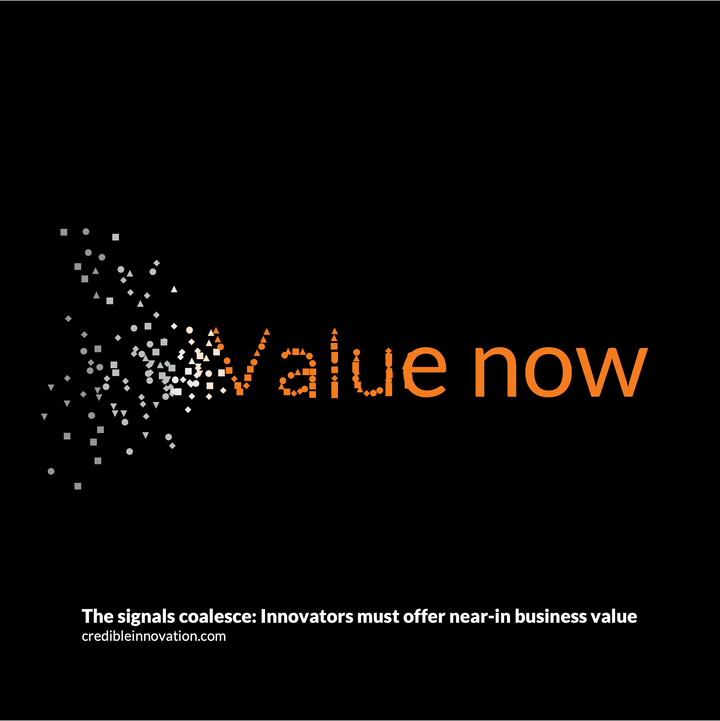 Gray random shapes combining into the words "Value now." Subtitle: "Innovators must offer near-in business value"